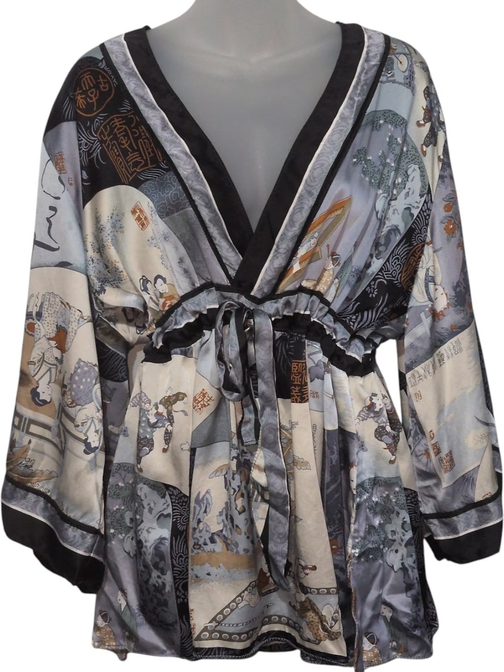 YASB 1X Silk Artistic Asian Scenic Print V‑Neck Drapey Statement Top V-Neck